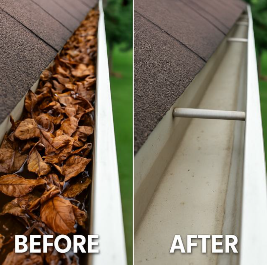 Before and after image showing leaves being cleared from a gutter