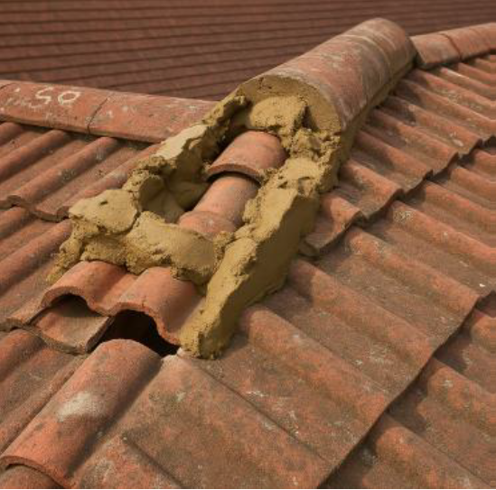 Hip tiles with missing or cracked mortar