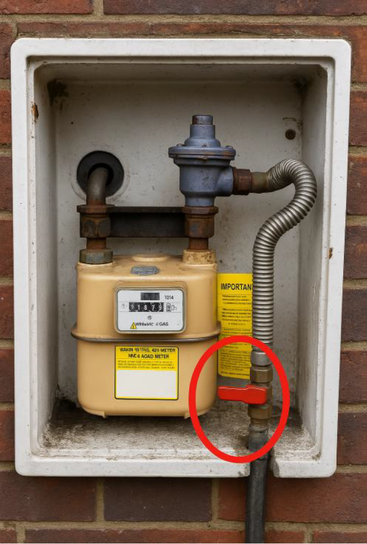 Gas meter with lever perpendicular to pipe