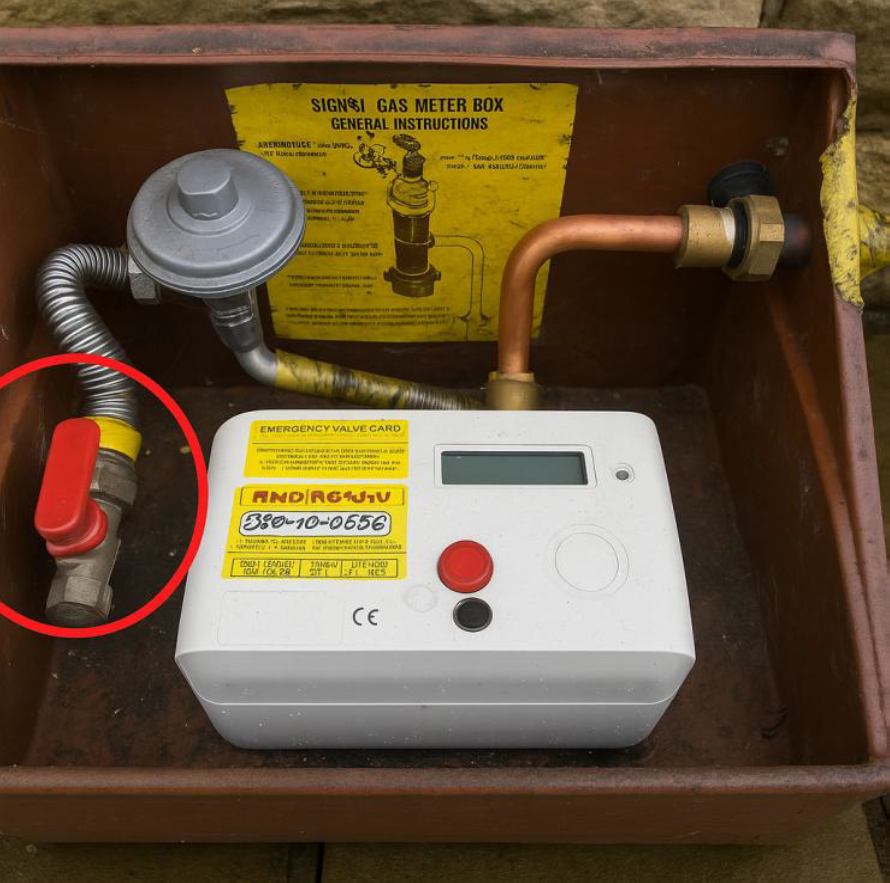 Gas meter with lever aligned with pipe